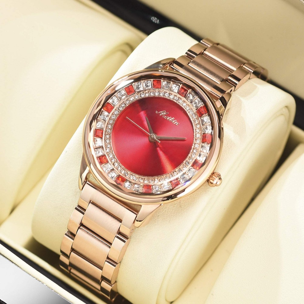 Rose Gold Stainless Steel Ladies Quartz Watch with Red and Coffee Dial
