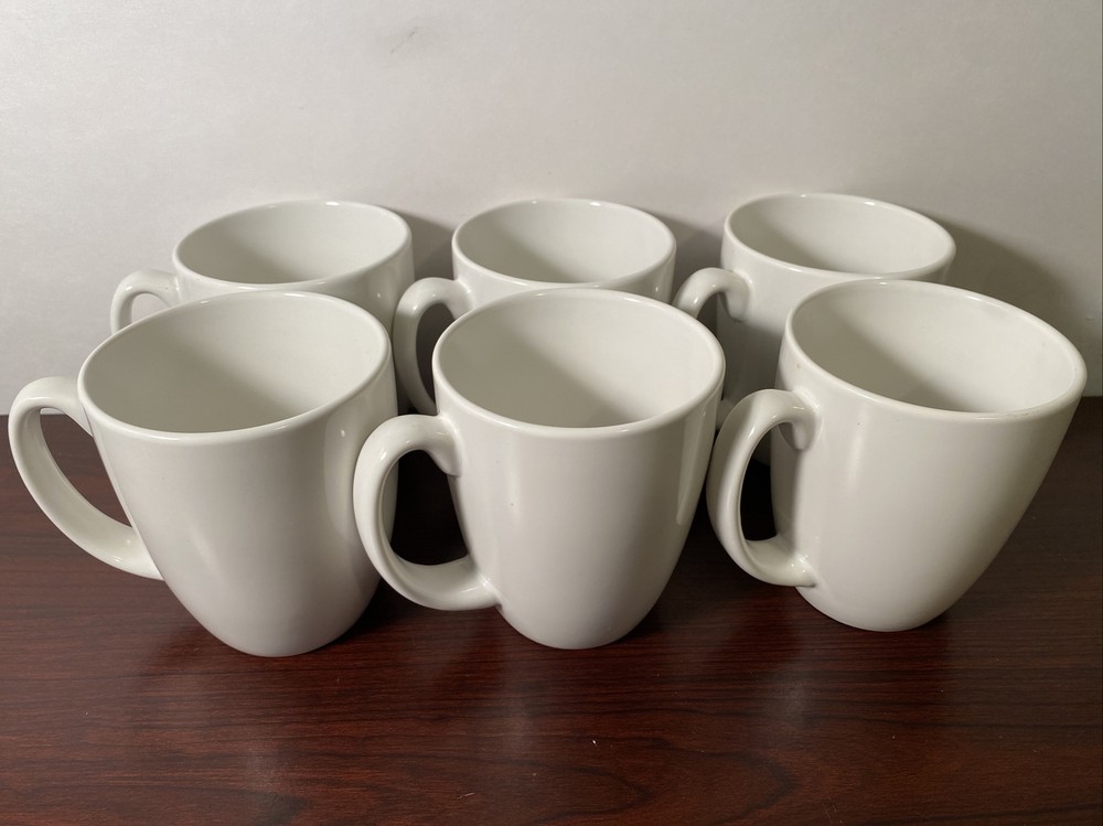 Set of 6 Corning CORELLE STONEWARE Plain White Coffee / Tea Mugs Vintage 11 oz