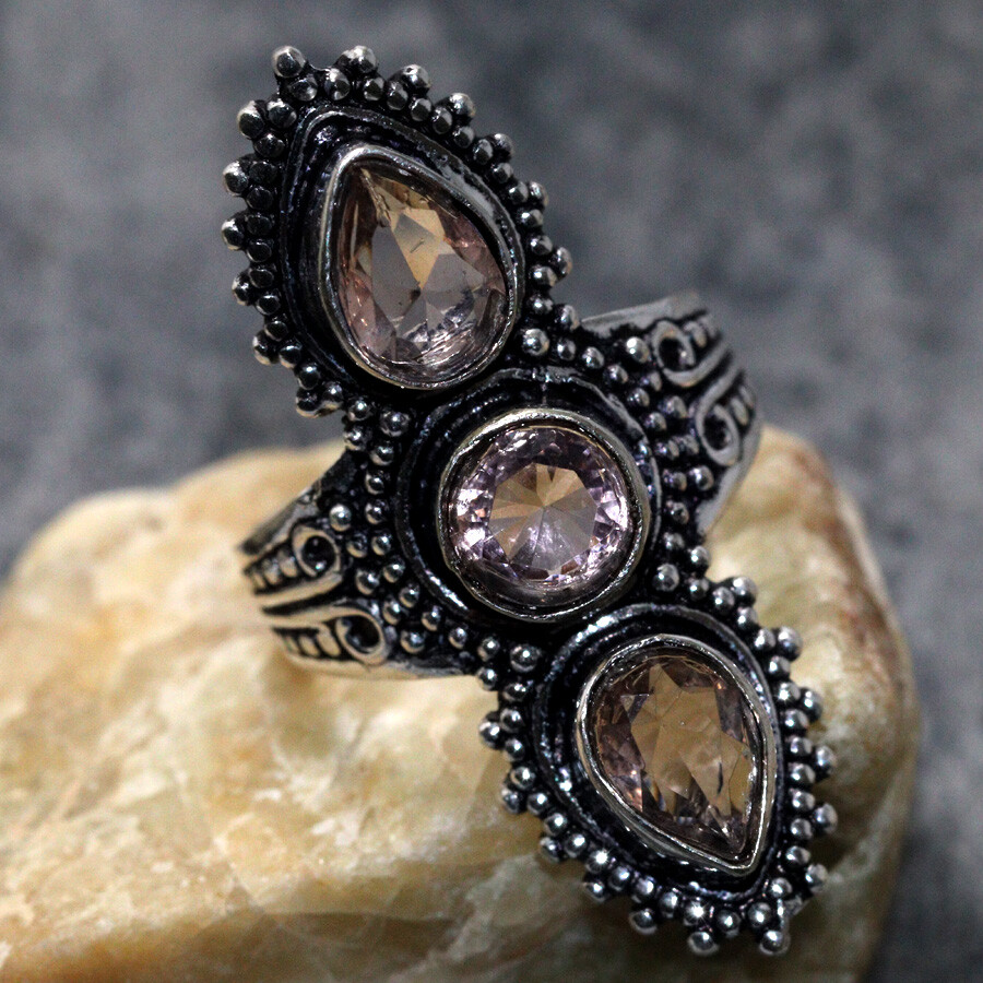 925 Silver Plated Pink Kunzite Ethnic Long Ring US Size 8.5 Jewelry EW