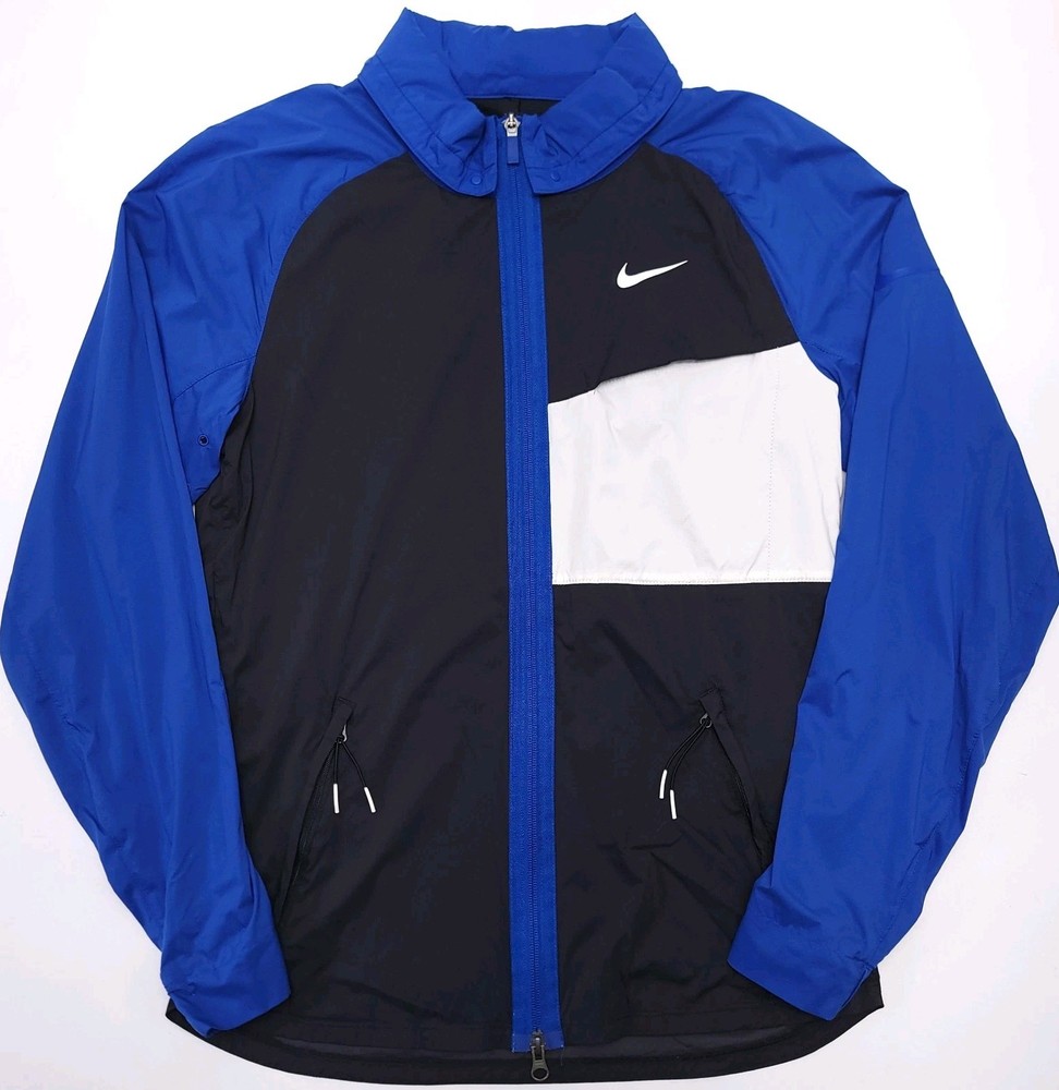 Nike Shield Golf Jacket Mens S Blue Black Hooded Windbreaker Lightweight