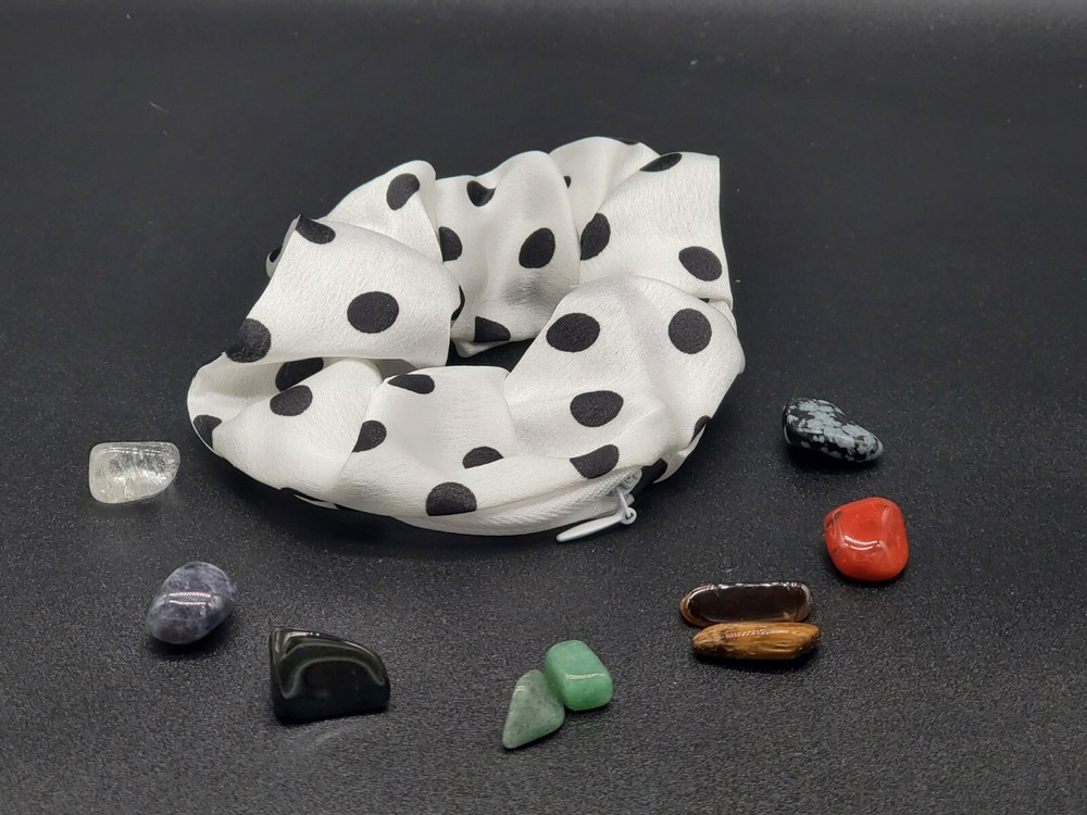 Crystal Chakra Hair Scrunchie with Polka Dot Satin Pocket and 7 Healing Stones