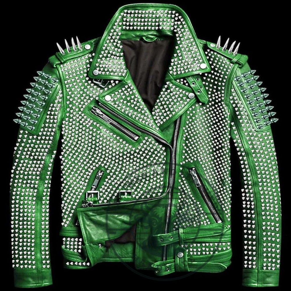 Men's Punk Brando Green Biker Leather Jacket with Silver Studs  
