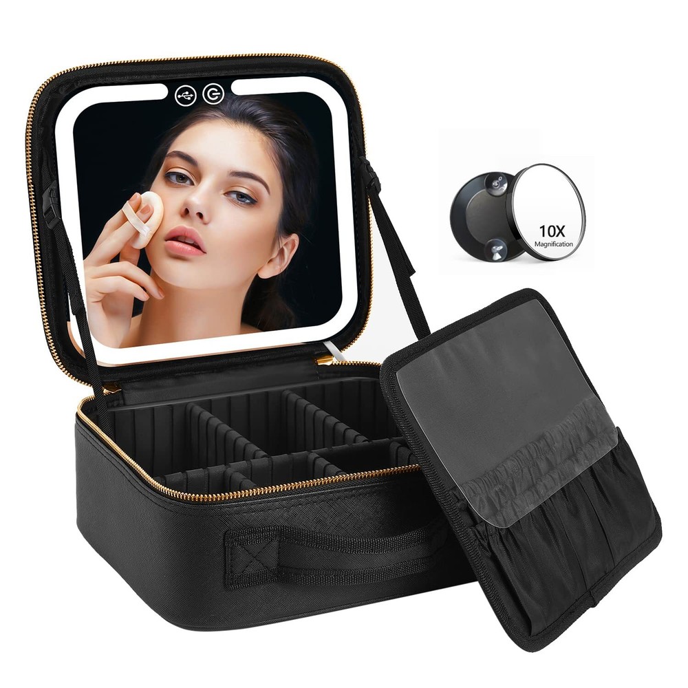 VANMRIOR Travel Makeup Bag with LED Lighted Make up Case with Mirror 3 Color ...