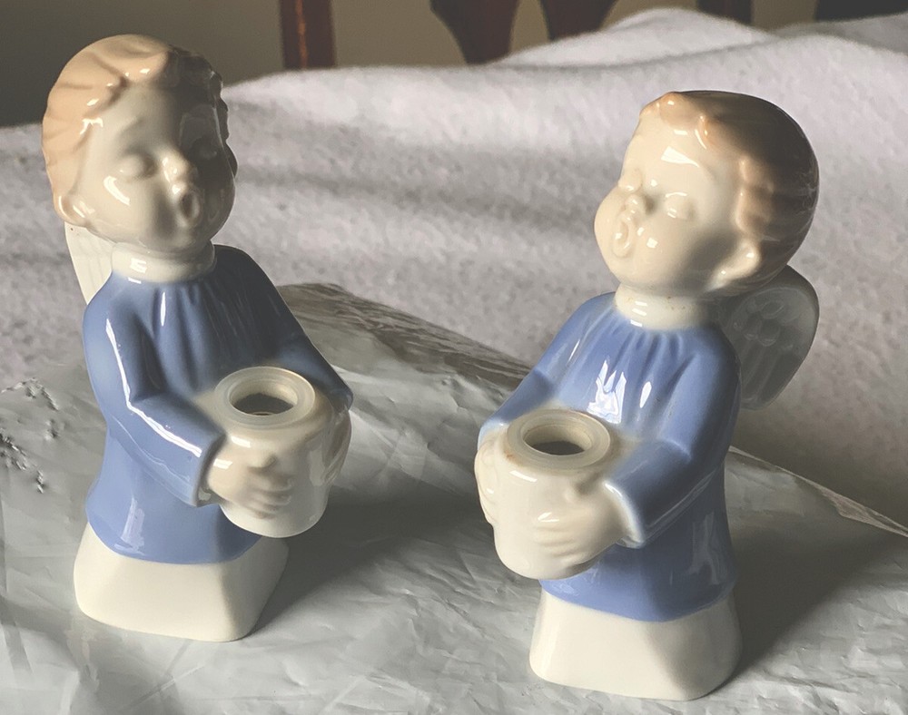 Porcelain Blue and White Vintage Angel Candle Holders Set from Japan-image