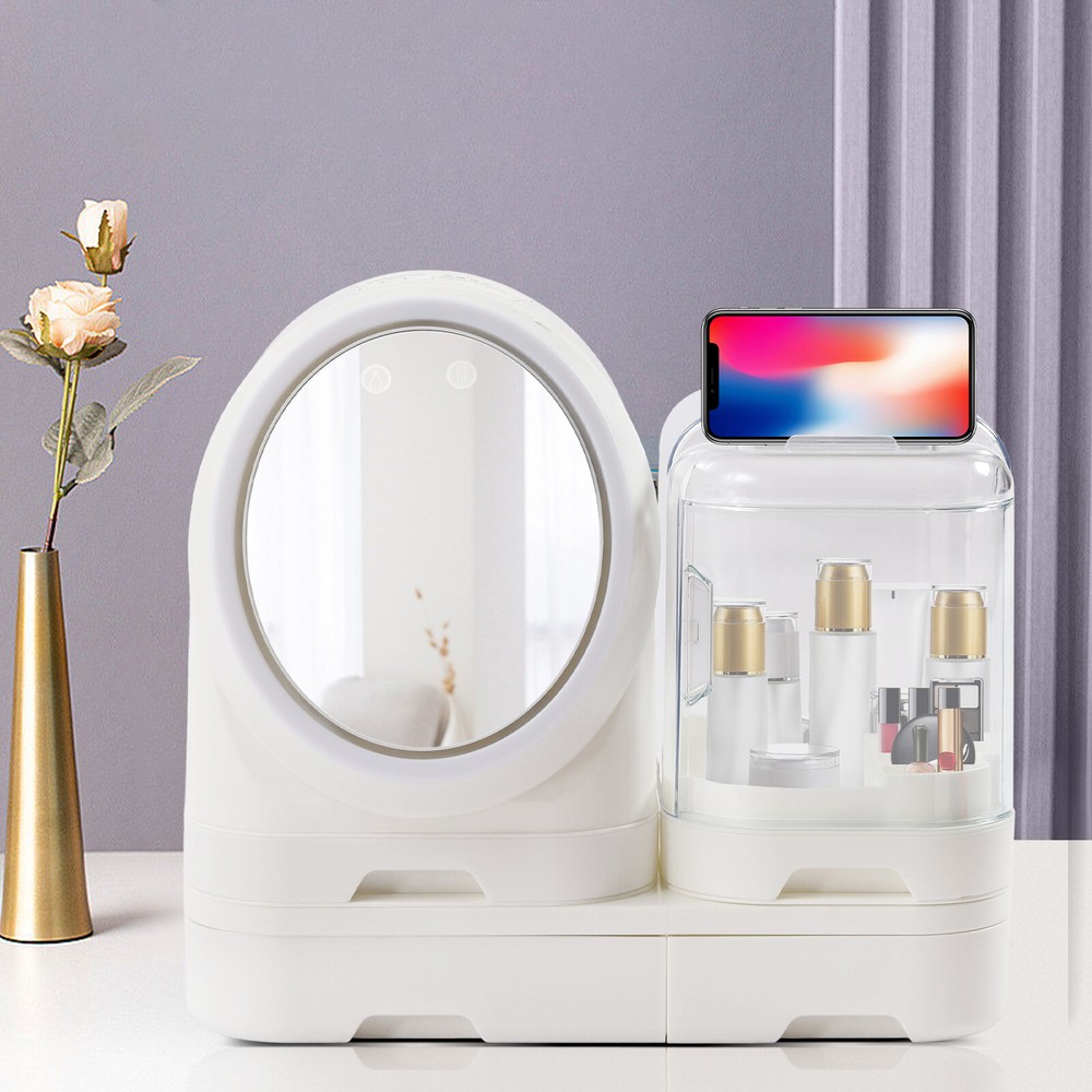 Makeup Cosmetic Box LED Tabletop Organizer Storage Box Large Capacity White