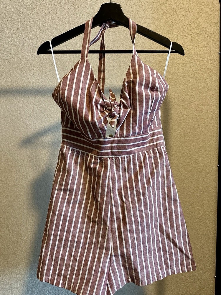Women's Halter Striped Button-Down Romper