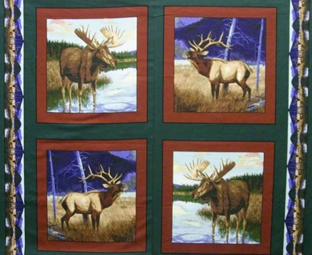 Big Game Moose Elk Wildlife Pillow Panels 100% Cotton Fabric