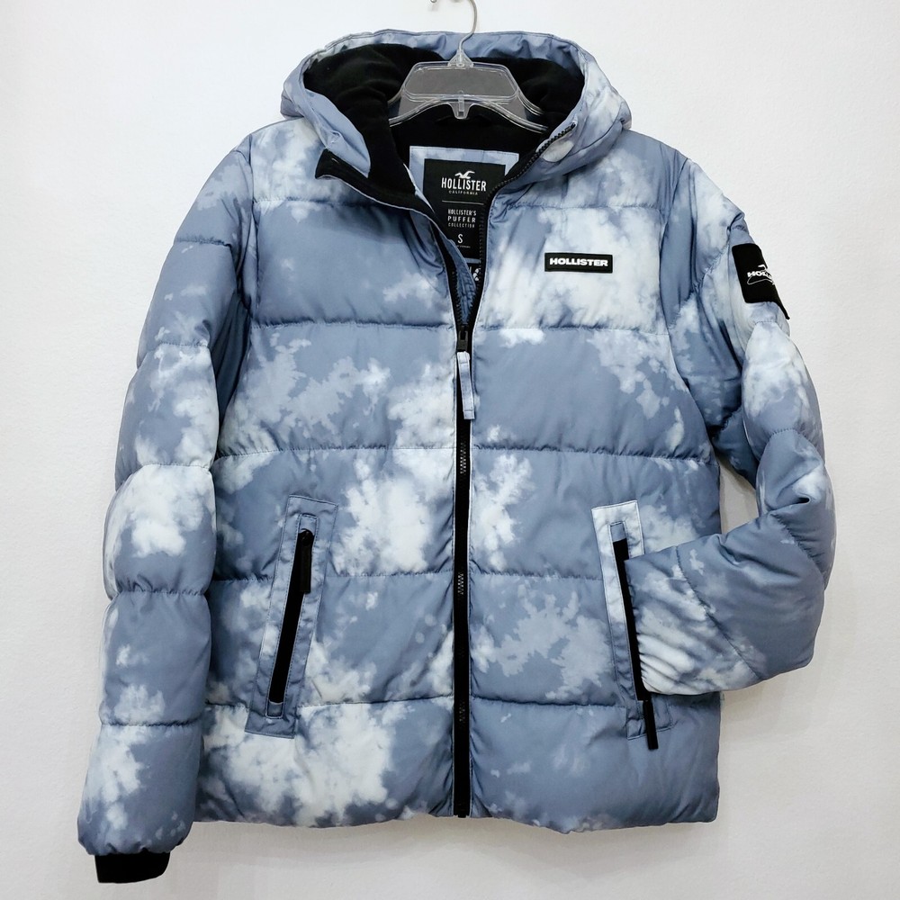 Hollister Men’s Fleece-Lined Full Zip Hooded Puffer Jacket Slate Tie-Dye - Small