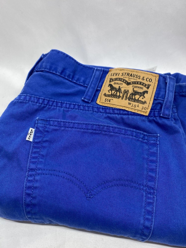 Levi 514 Jeans Mens 38x30 Royal Blue Straight Fit Chino’s White Tab Casual Adult
