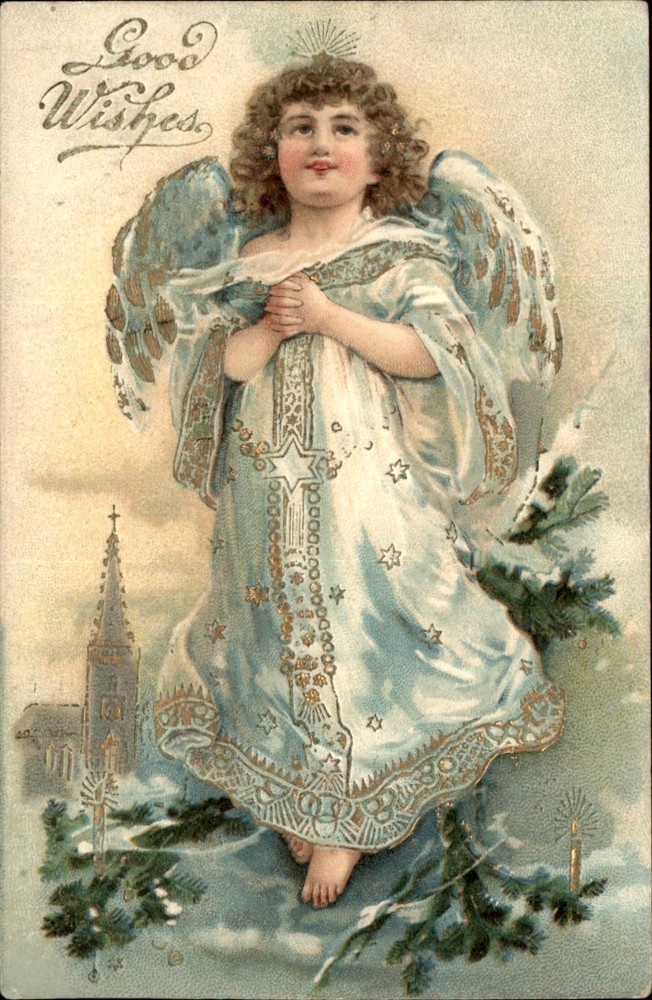 Christmas Angel Good Wishes Gilt Embossed c1900-20s Vintage Postcard