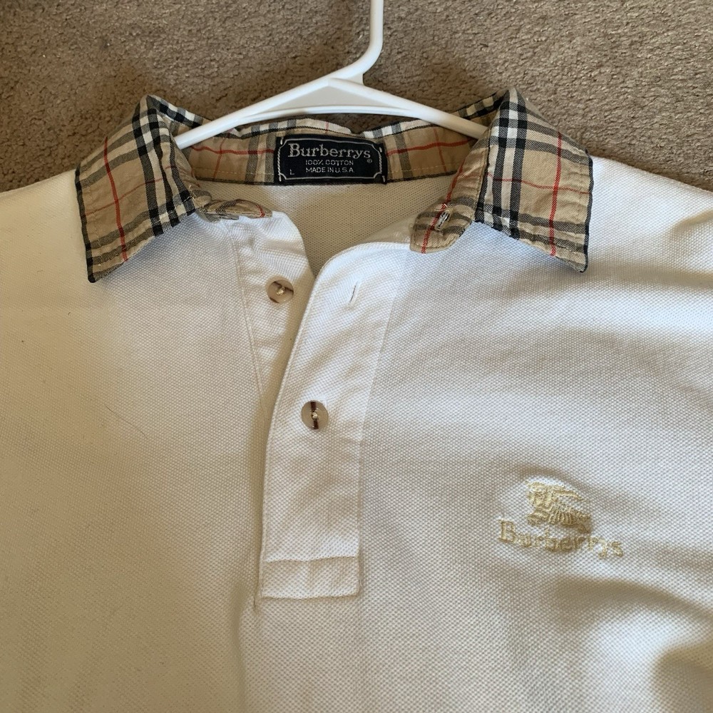 Burberry Men's Polo Shirt Nova Check Collar White Size Large