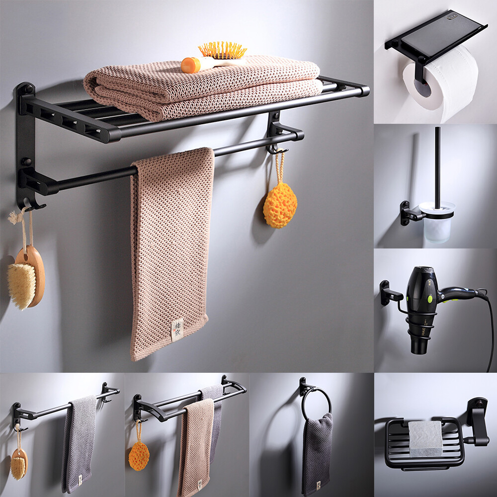 9PCS Black Aluminum Wall Mounted Bathroom Accessory Set with Towel Bar