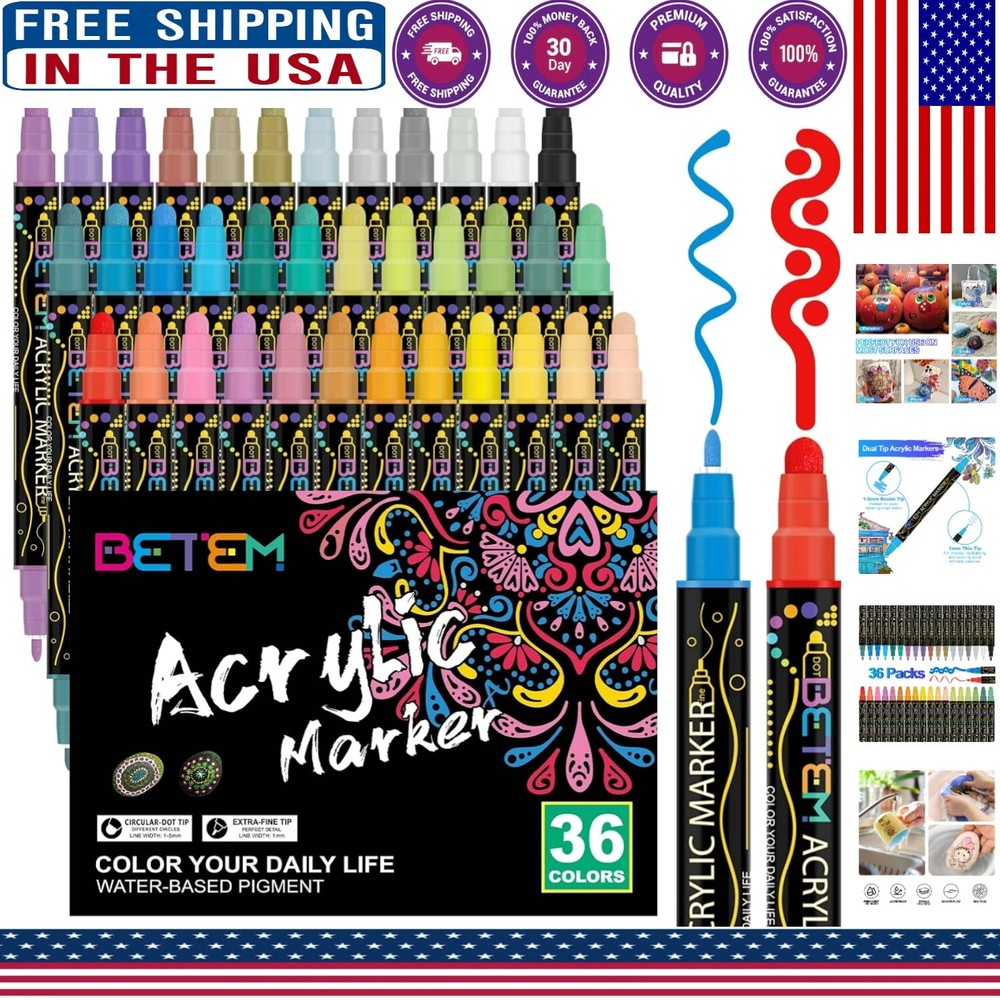 36 Dual-Tip Acrylic Paint Pens for Wood, Rock & Craft Surfaces