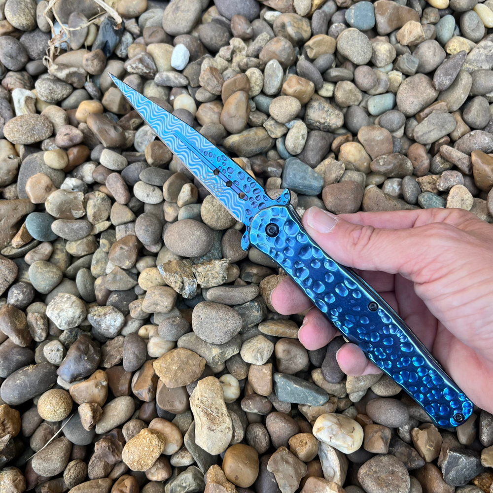 Spring Assisted Open Blue Pocket Knife Italian Milano Stiletto Tactical EDC