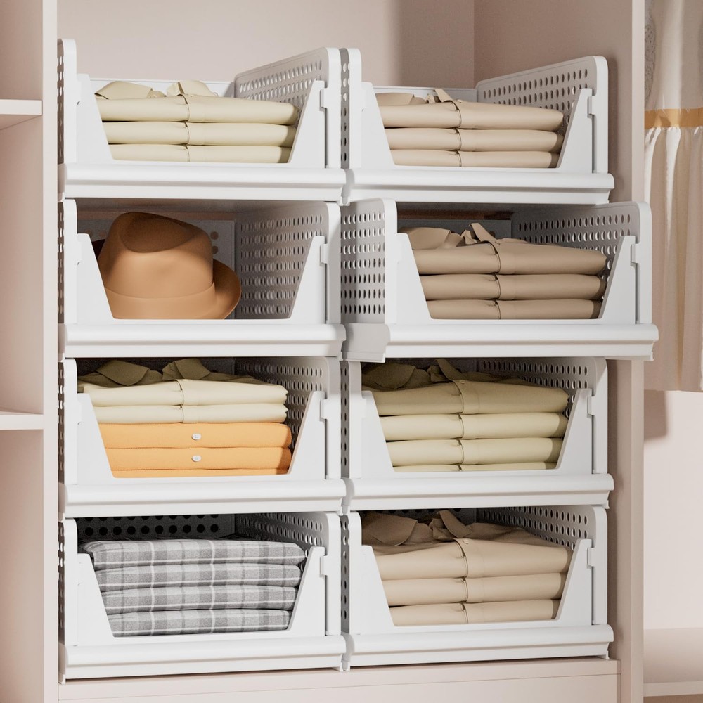 Stackable Plastic Storage Basket Closet Organizer Bin Foldable Clothes Organi...