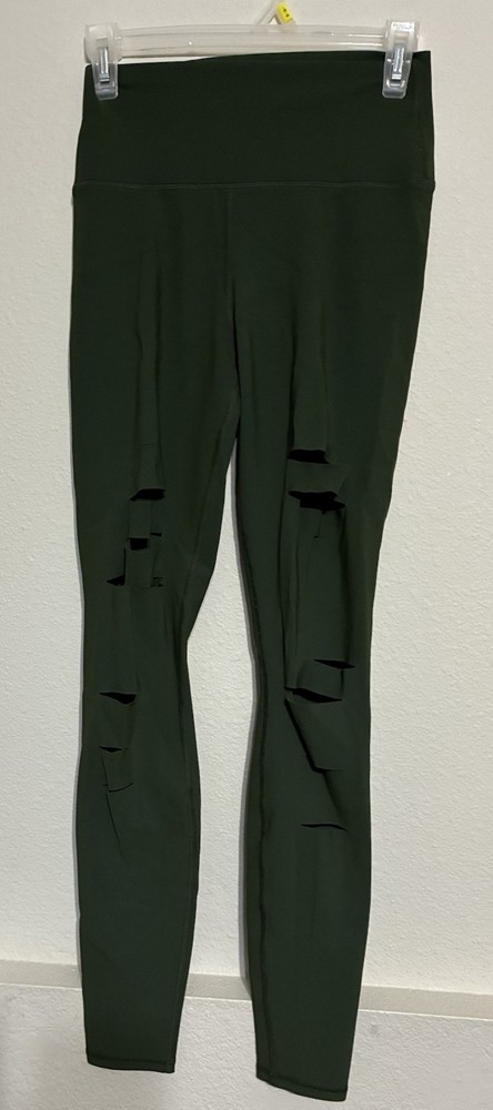 Alo Yoga High Waisted Ripped Warrior Legging Hunter Green Pants Sz S Athleisure