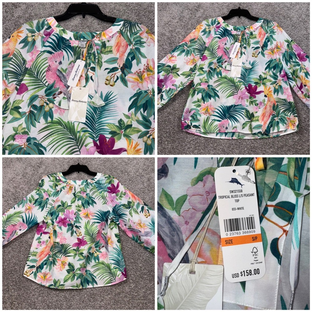 Tommy Bahama Tropical Bliss Peasant Top Women White Silk Voile Floral Small NEW