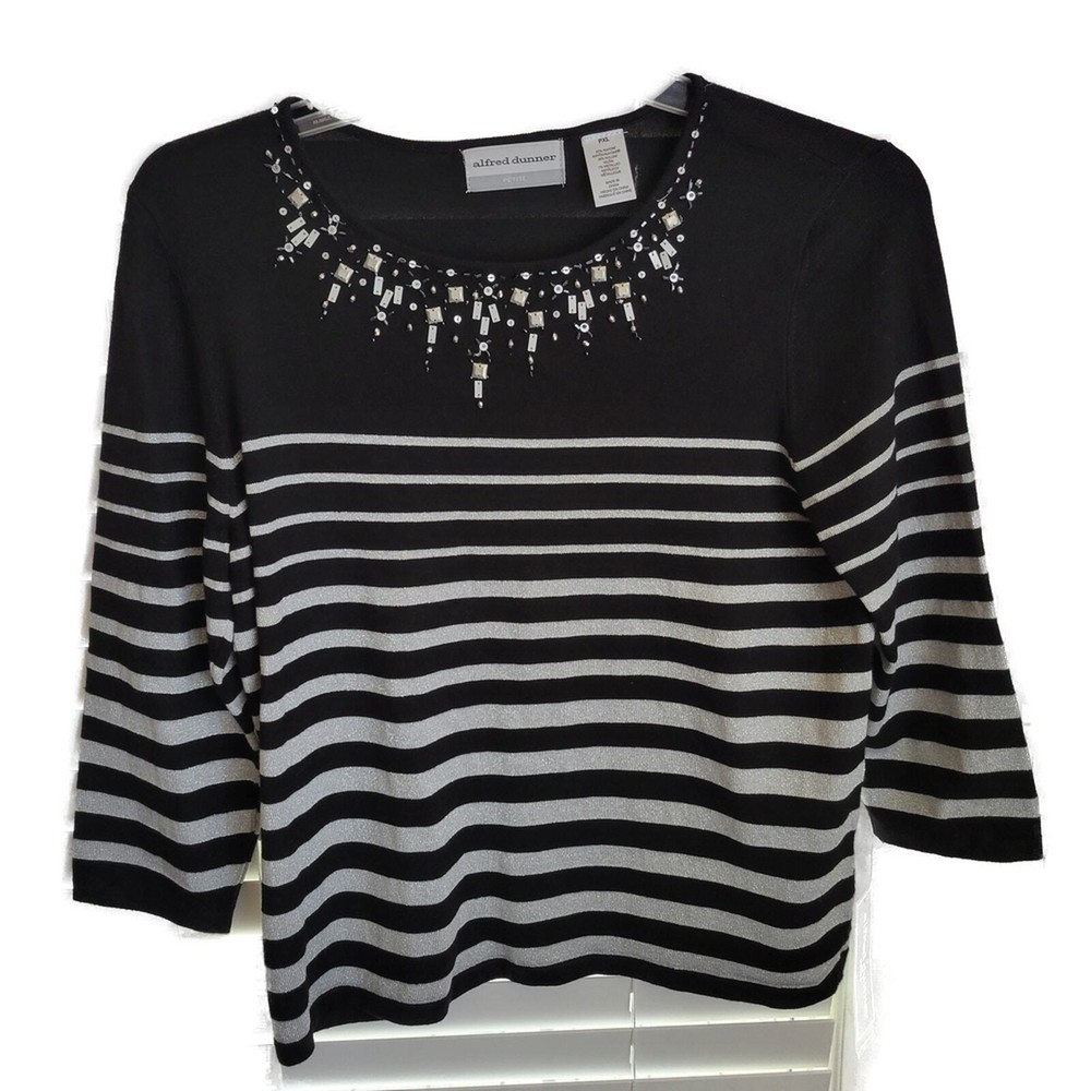 Alfredo Dunner Sz PXL Black White Striped Sequined Sweater NWT
