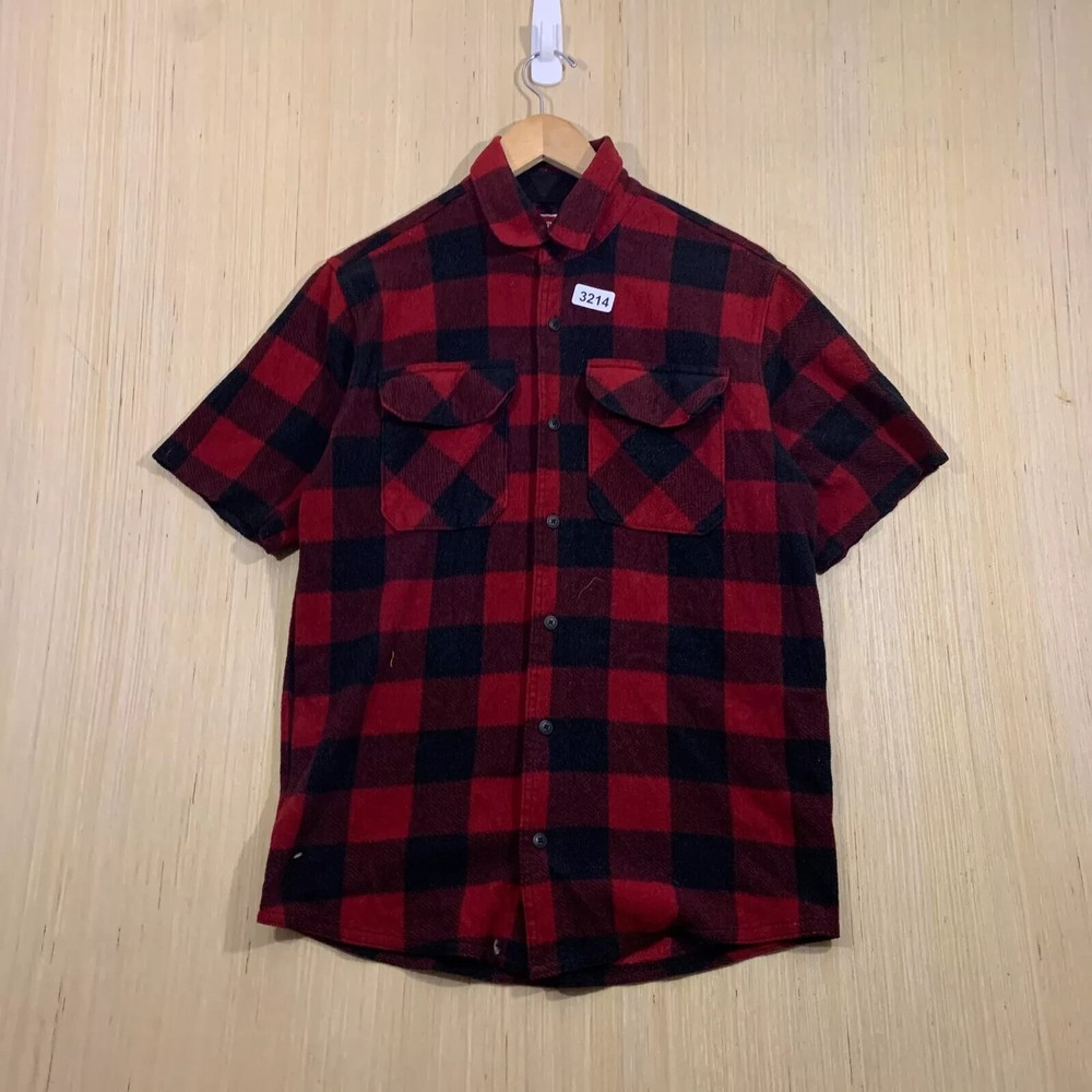 Wrangler Button Up Shirt Adult Small Red Short Sleeve Flannel Men's Stripped