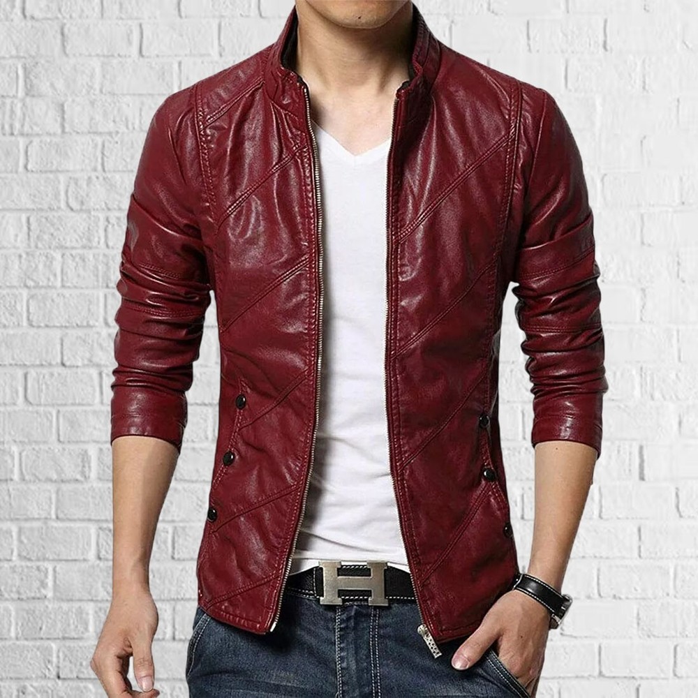 Men's Genuine Red Lambskin Leather Jacket Slim fit Biker Motorcycle jacket