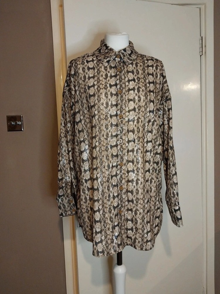 Missguided oversized snake animal print sequin pattern button up over shirt