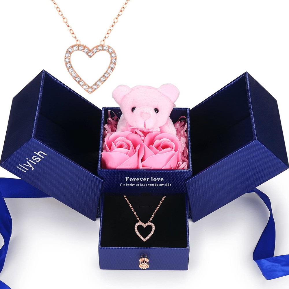 Birthday Women Gifts Artificial Rose Flowers Bear Gifts Box with Heart Neckla...