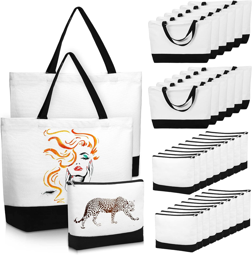 40 Pcs Canvas Tote Bags Bulk and Makeup Bag Large Cotton Zipper Reusable Grocery