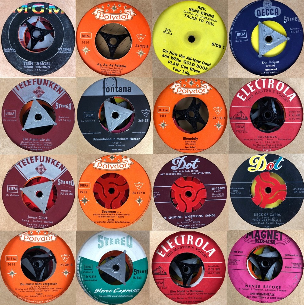 Lot 16 Vintage 45 rpm Vinyl Records Many German in Book Album No Sleeves