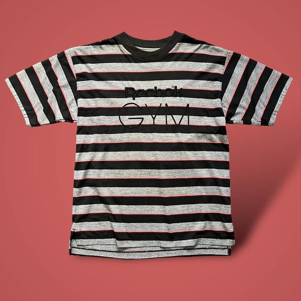 Reebok Men’s Striped T Shirt Black Grey Stripes Size M Medium Embroidered