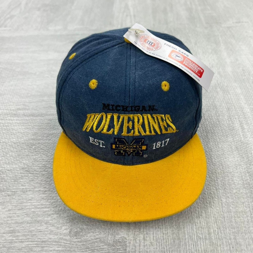 Vintage 90s Dead Stock Michigan Wolverines Snapback Hat blue yellow NCAA College