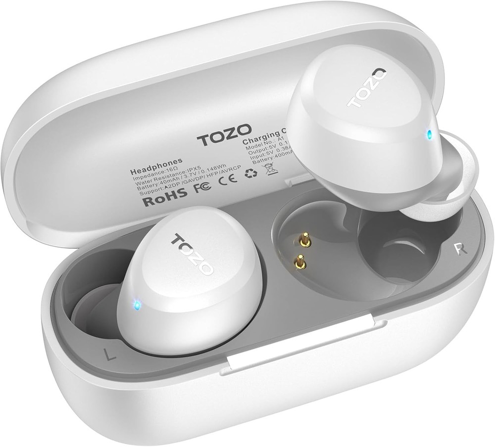 TOZO A1 Lightweight Wireless Earbuds Bluetooth 5.3 Matte White Compact Design