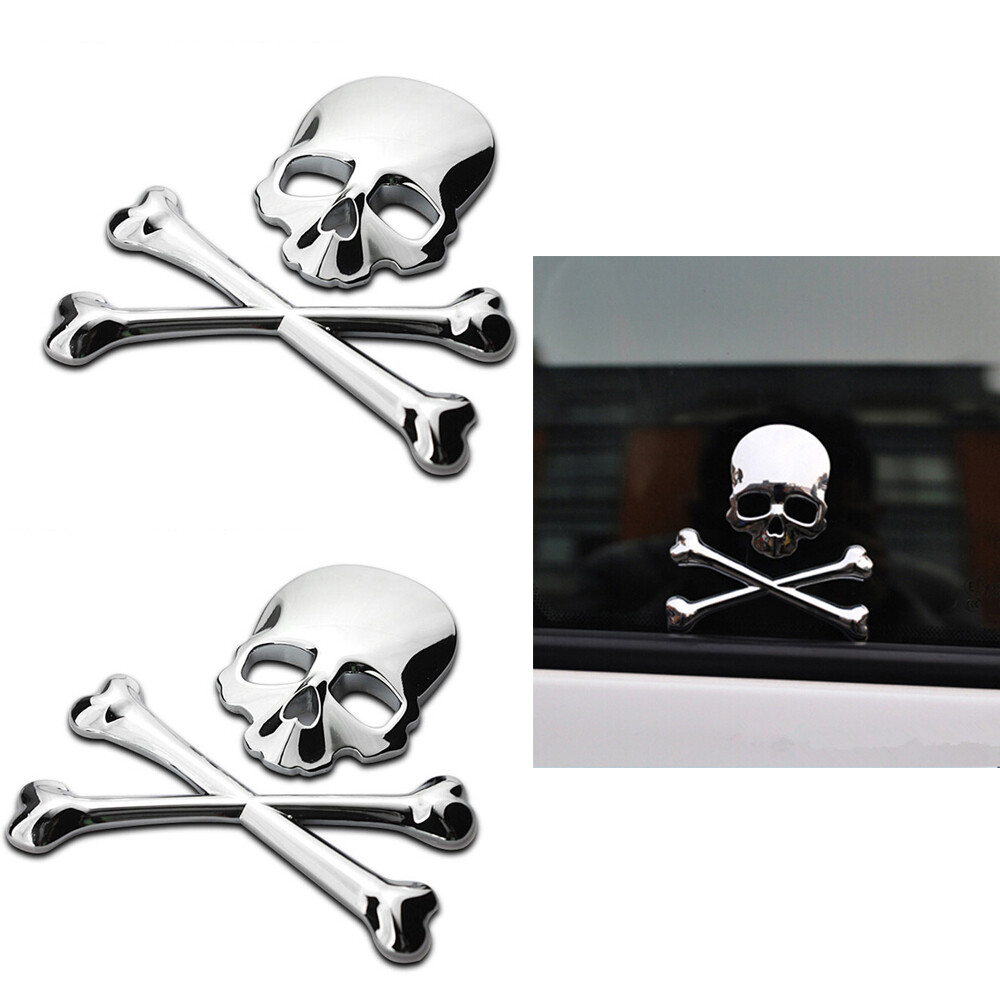 2PCS Sliver 3D Crossbones Skull Metal Logo Emblem Badge
