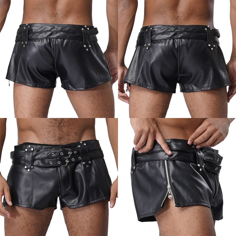 US~ Mens Leather Mini Hot Punk Pants Low Rise Booty Shorts with Belts Lingerie