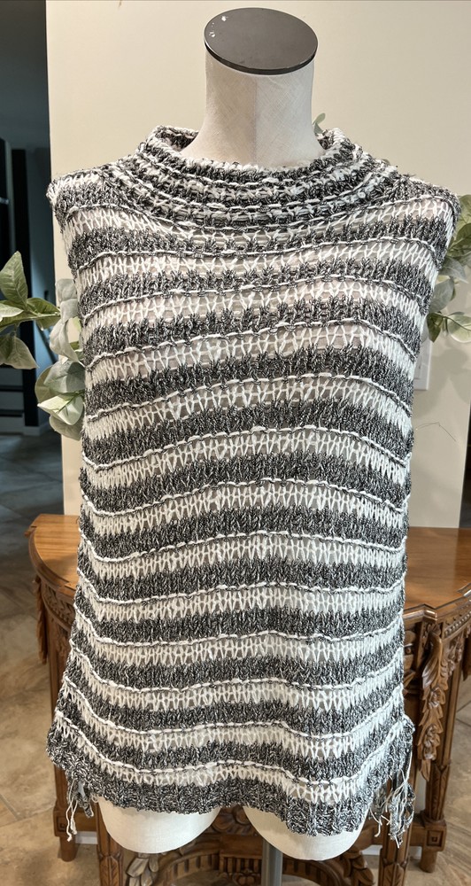 Mystree Womens Large Gray Striped Sleeveless Mock Neck  Fringed Back Sweater SW6