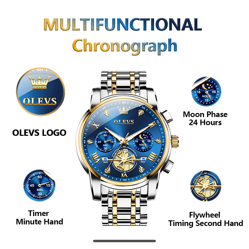 Olevs Luxury Moon Phase Chronograph Men’s Watch Quartz Waterproof Luminous