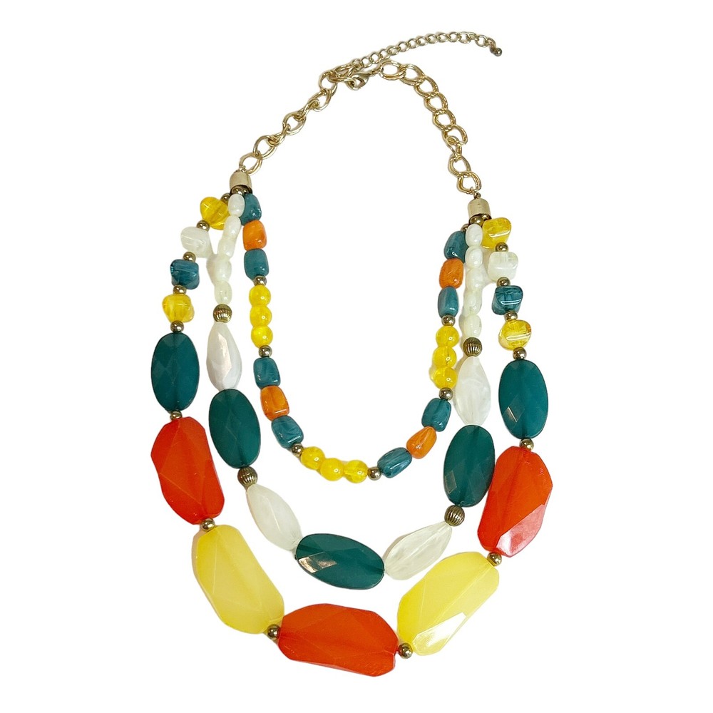 Colorful Three Strand Plastic Gold tone Beads Statement Necklace Choker 16
