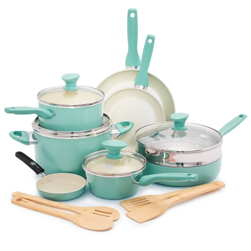 GreenPan Rio 16-Piece Ceramic Nonstick Cookware Set PFAS-Free Pots and Pans
