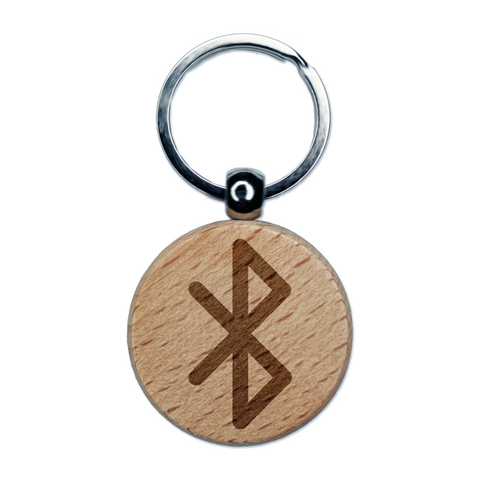 Bluetooth Symbol Engraved Wood Round Keychain Tag Charm