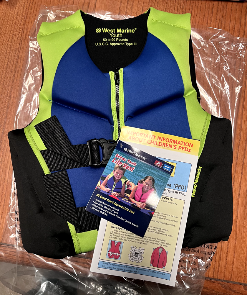 West Marine Youth Flex Back Life Jacket Vest Flotation 50-90 lbs Blue/Green