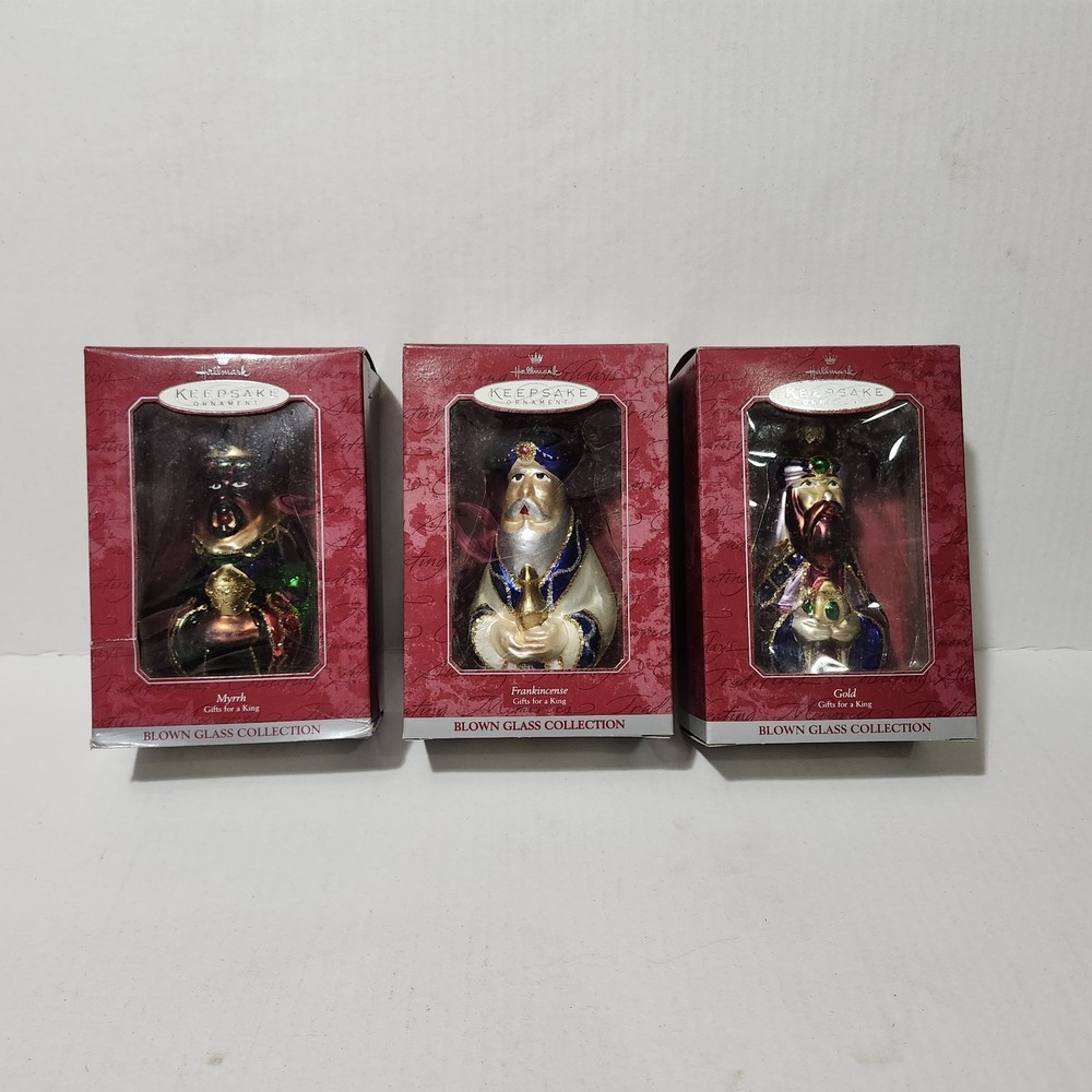 1998 Hallmark 3 Ornament Blown Glass Three Wise Men Gold Frankincense Myrrh Set