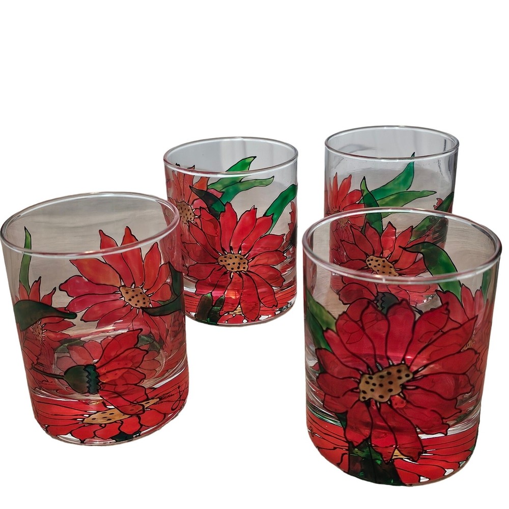 Vintage Mid Century Hand Painted Poinsettia Drinking Glasses Set of 4