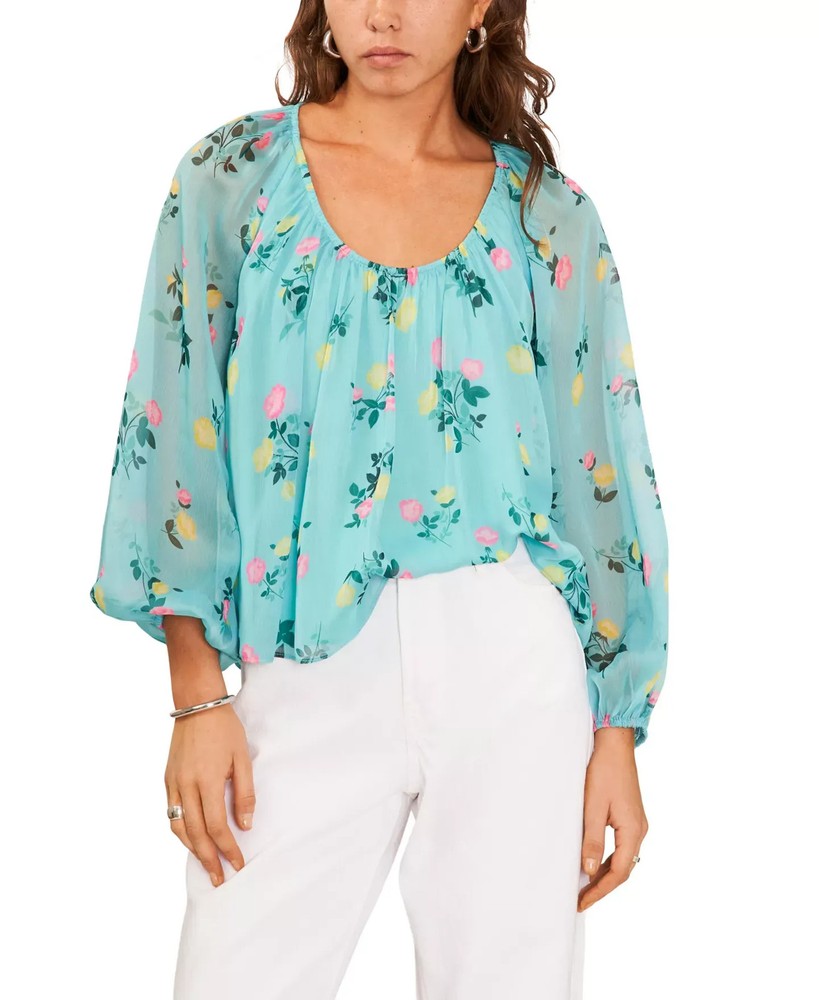 1.STATE Women's Top Sz XL Floral Scoop-Neck Long-Sleeve Blouse