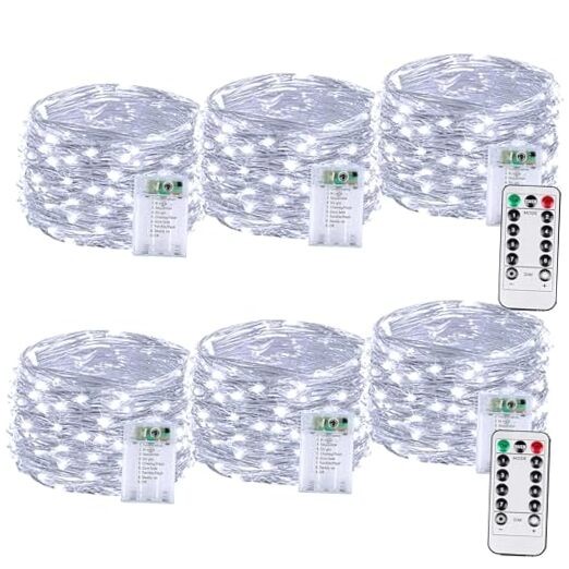60 LED Battery Fairy Lights with Remote - Cool White - 6 Pack