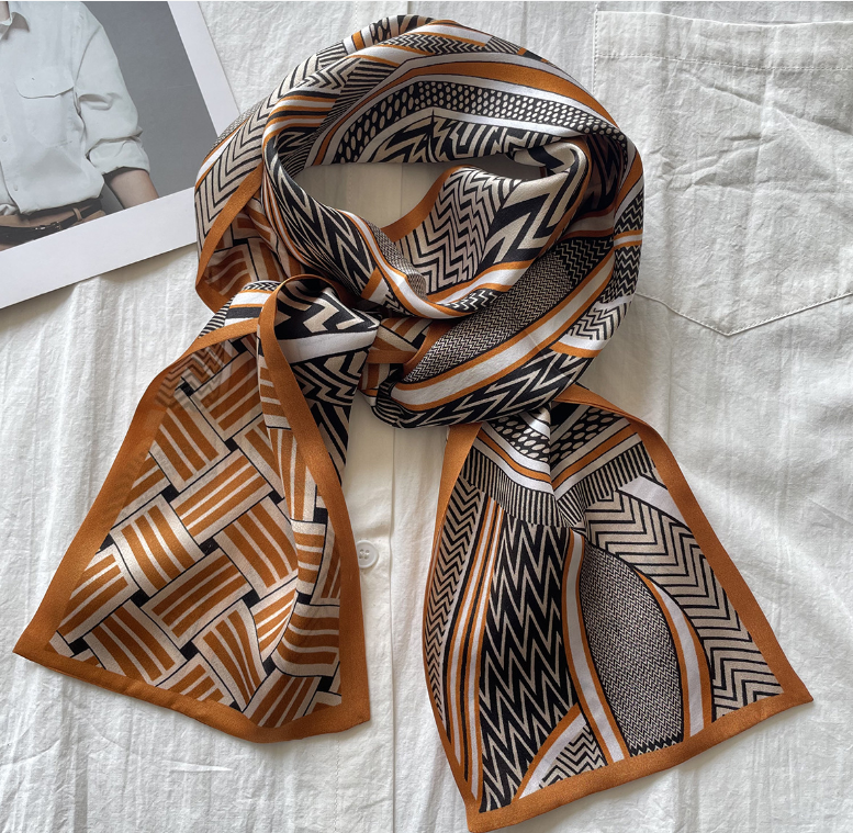 100% Pure Silk 12 Momme Geometric Print Double-Layer Ribbon Scarf 145x15cm