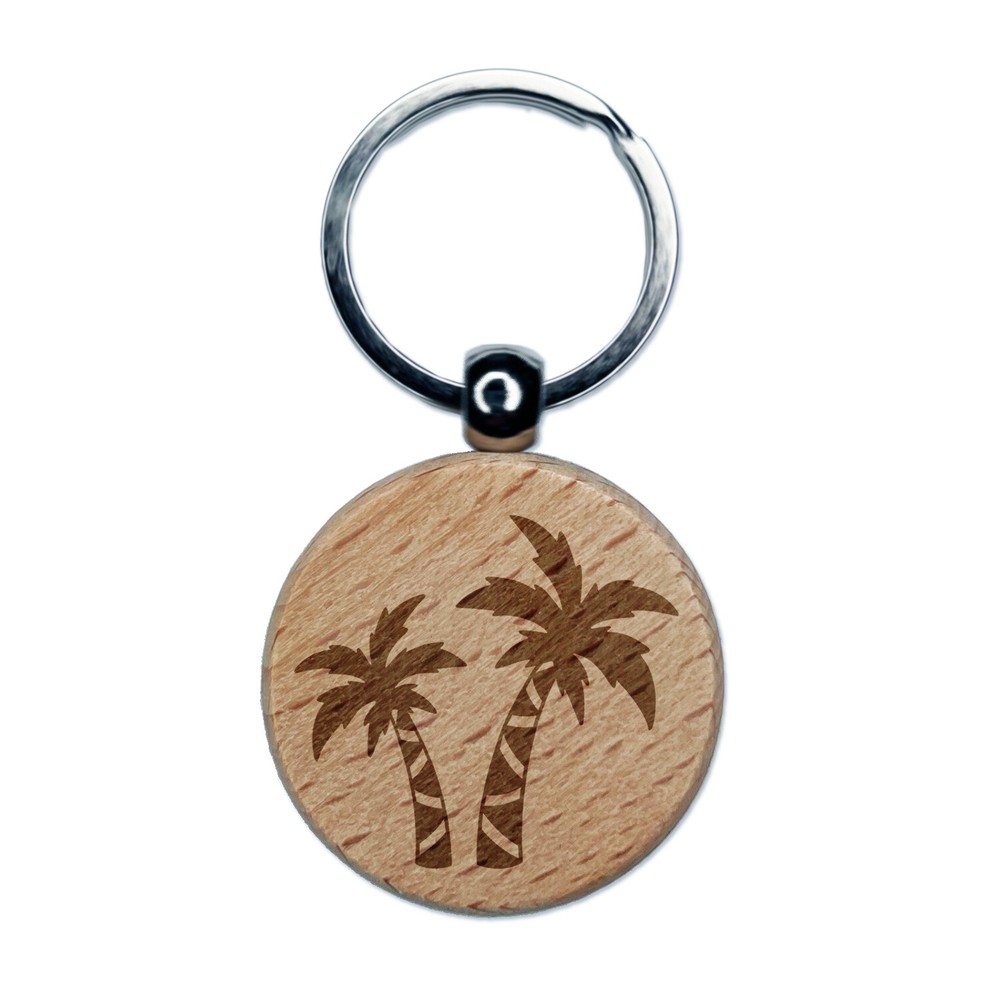 Two Palm Trees Tropical Engraved Wood Round Keychain Tag Charm