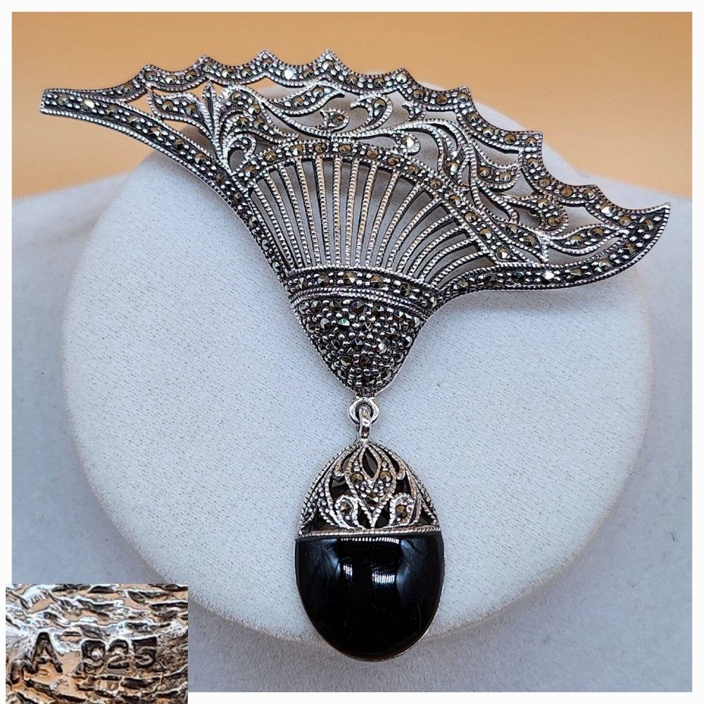 Vintage Sterling Silver A 925 Black Onyx Marcasite Fan Shape Statement Brooch