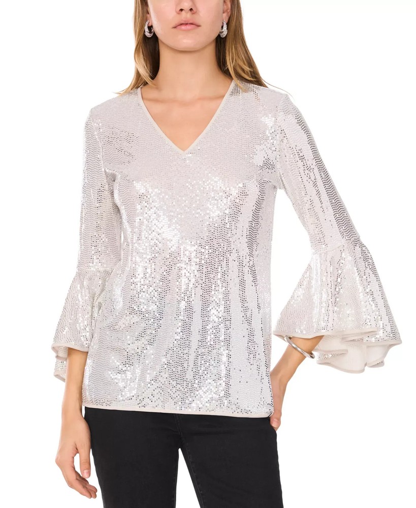 Vince Camuto Women's Top Sz M Sequined V-Neck Bell-Sleeve
