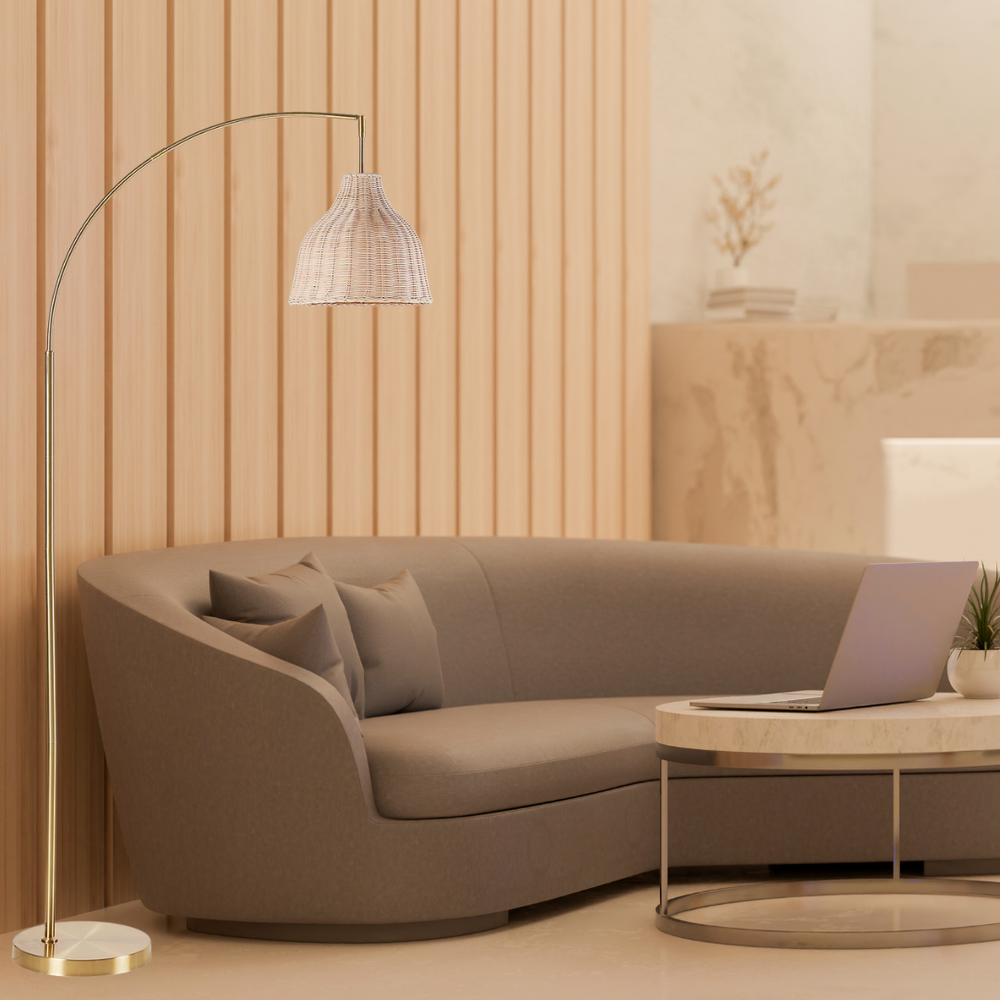 SUNMORY Gold Arched Rattan Floor Lamp with Remote Control, 3 Color Modes, Dimmable