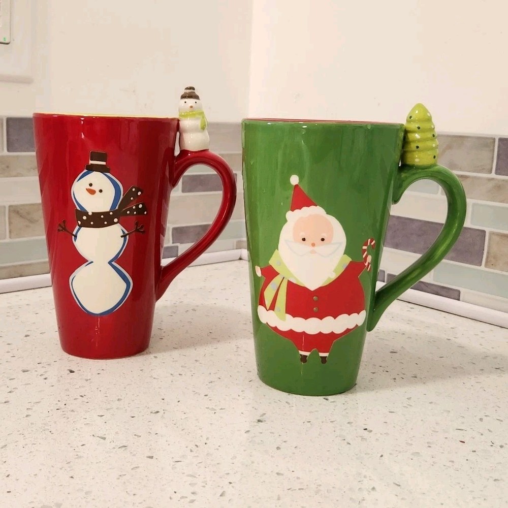EUC set of 2 ~ 16OZ Tall Cute Christmas Mugs w/Santa & Snowman Gifts Parties