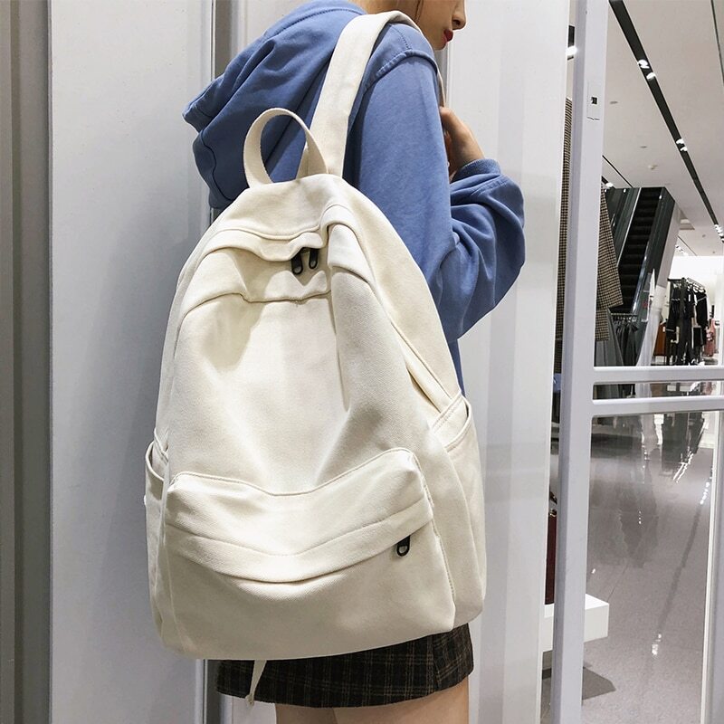 School Female White Backpack Kawaii Women Cotton Canvas School Bag